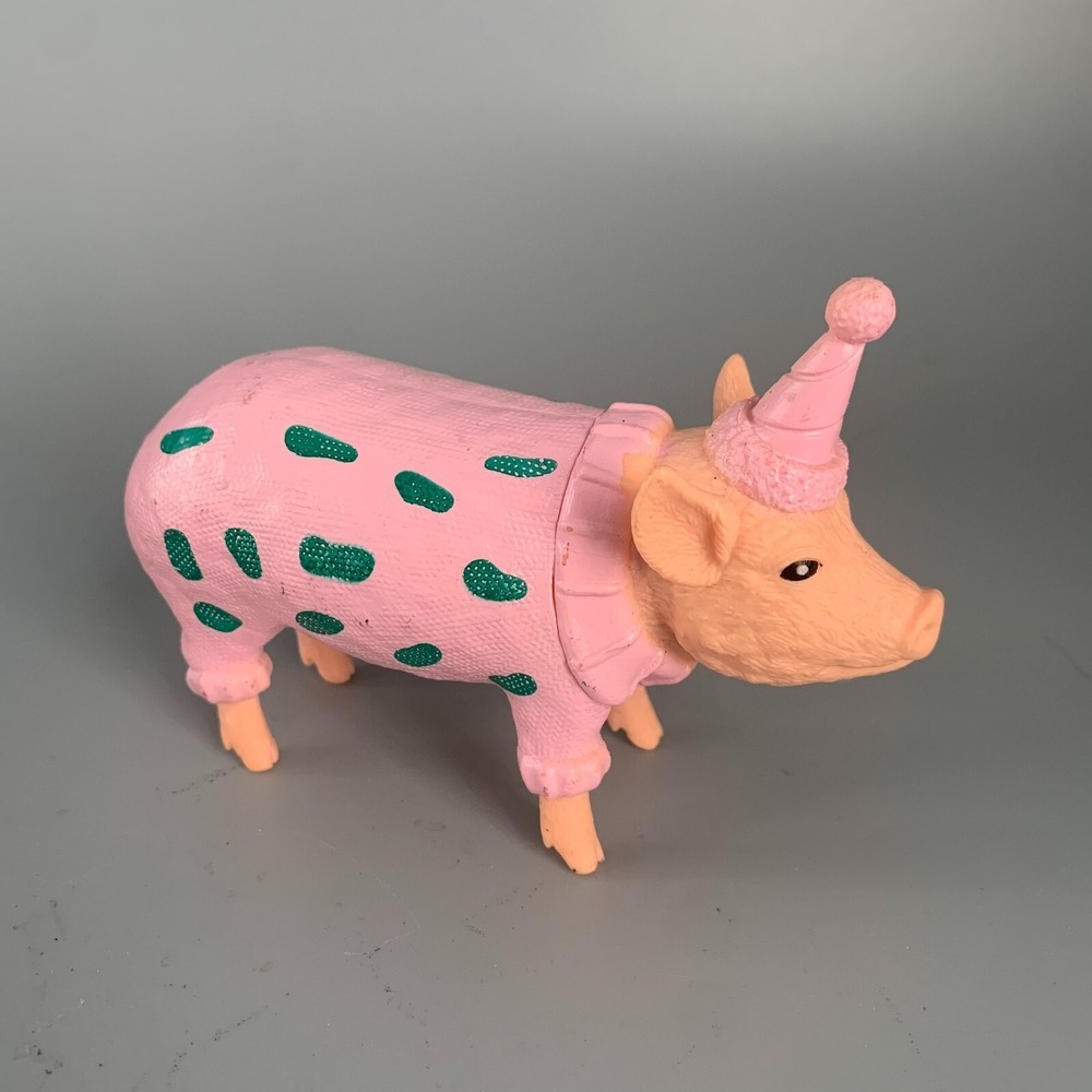Ankyo Party Pig Figurine Pink Sweater Green Polka Dots Birthday Hat Animal Toy